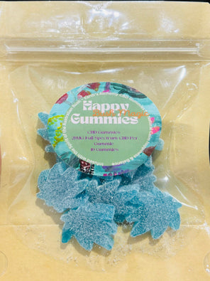Blue gummies in a clear plastic bag with a label.
