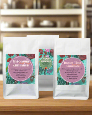 Three bags of gummies with colorful labels on a green and yellow background