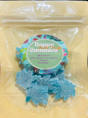Blue gummies in a clear plastic bag with a label.